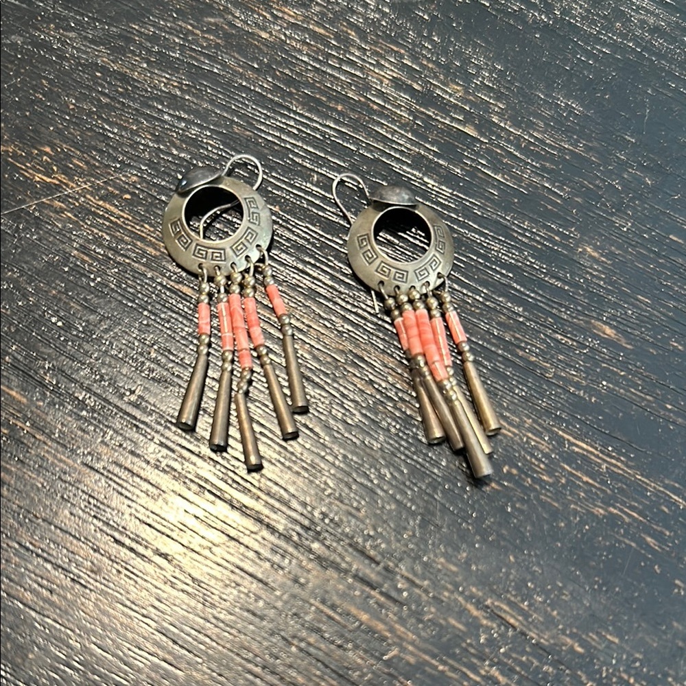 Silver and coral pink Teardrop Fringe Earrings. Cowgirl. Country.